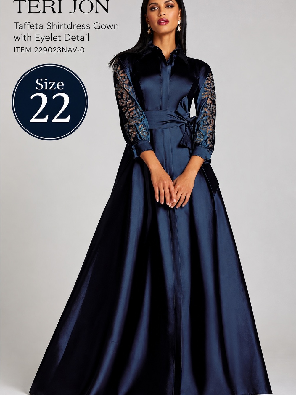 Teri Jon Navy Taffeta Maxi Shirtdress with Lace Eyelet Sleeves
